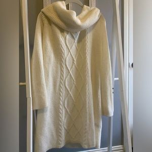 Express Cowl Neck Sweater Dress with Front Patten Detail in Cream. Size L.